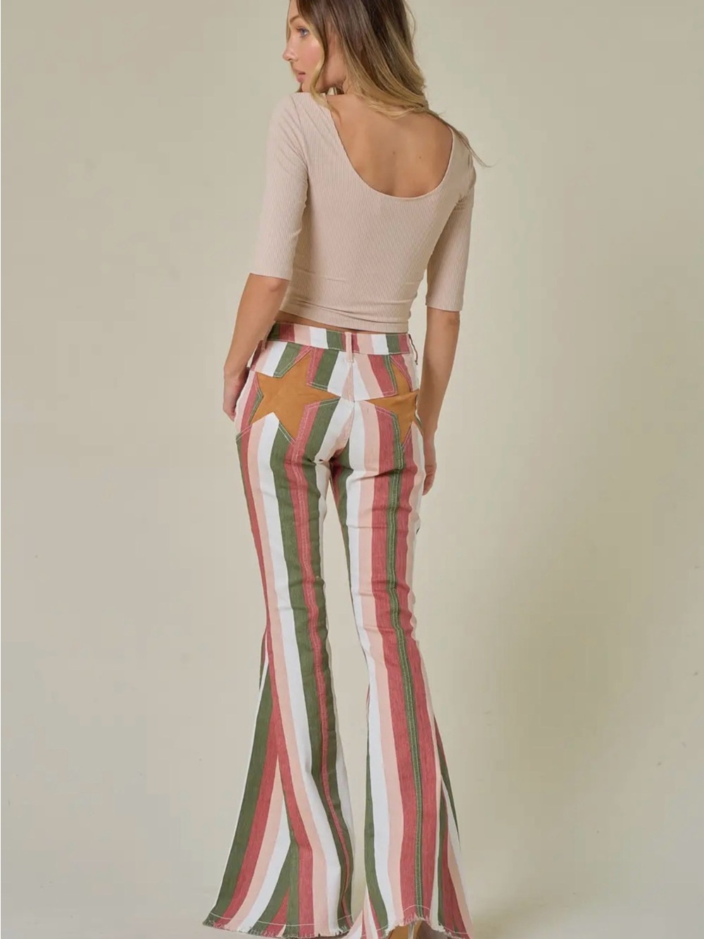 High-Rise Striped Flare Pants in Pink, Green & Tan